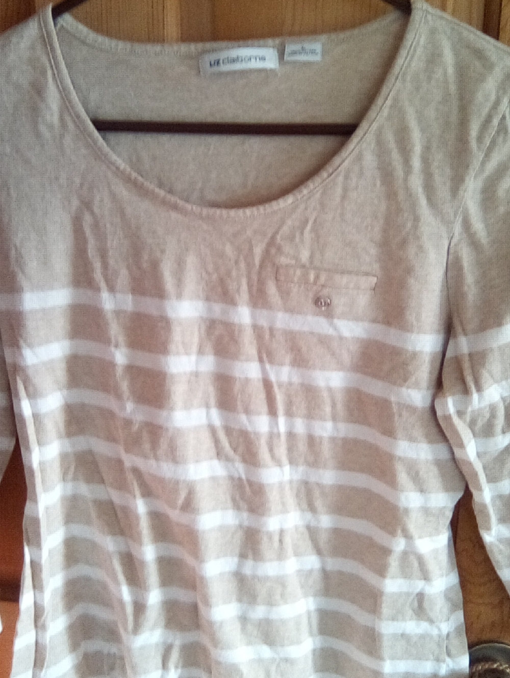 Liz Claiborne Beige and White Striped Scoop Neck Top